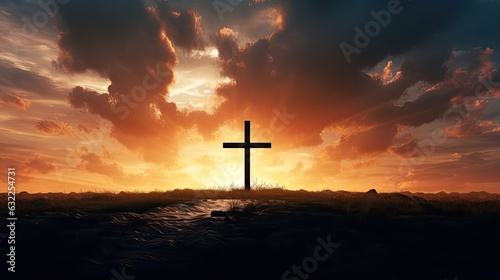 Giant Christian cross silhouette against sunset sky