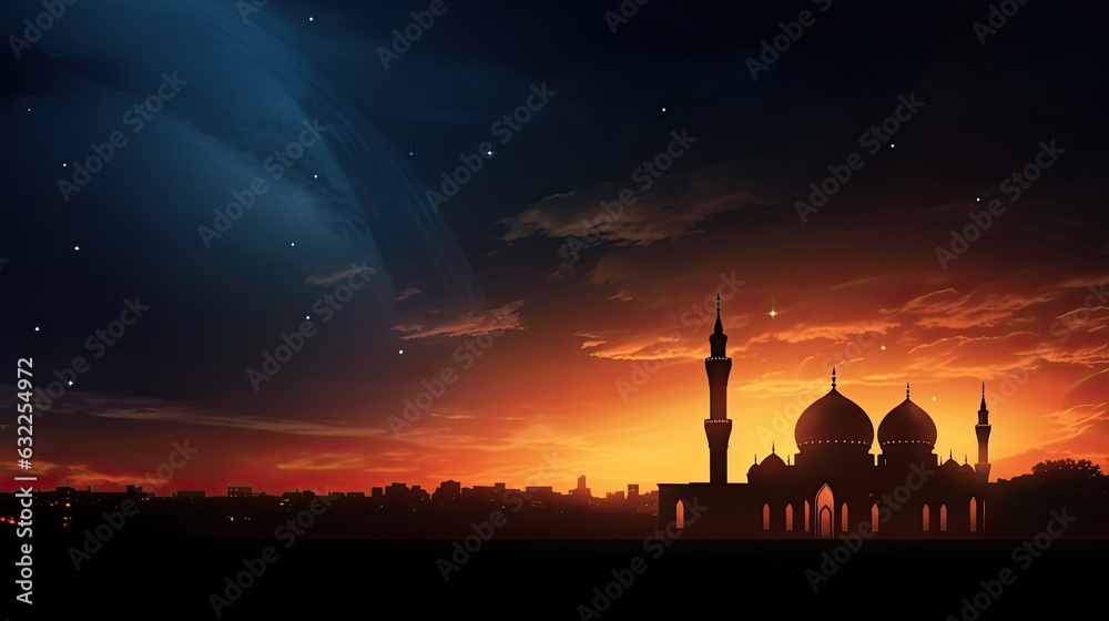 Islamic night featuring a silhouette mosque against a sunset sky with a moon creating a holy ambiance