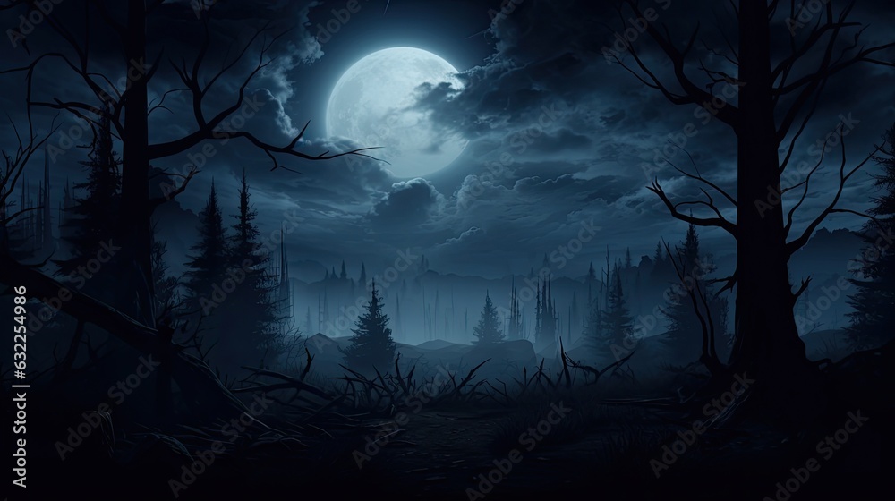 Spooky forest with full moon for Halloween atmosphere Spooky forest with full moon for Halloween atmosphere
