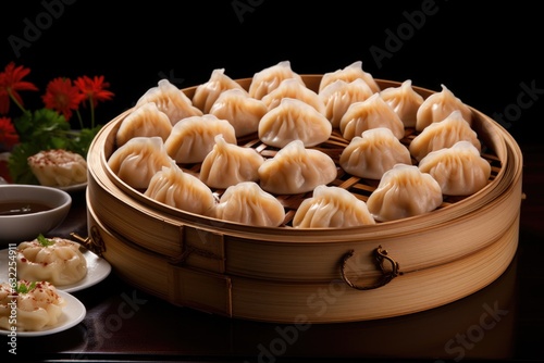 dumplings arranged in a bamboo steamer