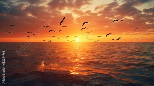 Birds in v shape flying over the sea at sunset symbolizing freedom and the autumn equinox