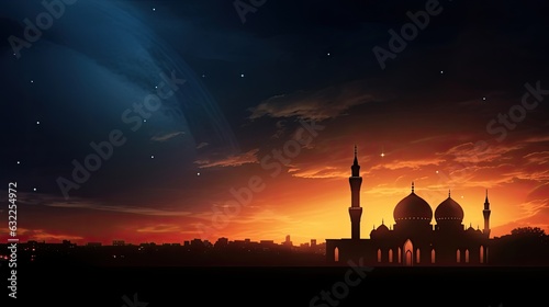 Islamic night featuring a silhouette mosque against a sunset sky with a moon creating a holy ambiance