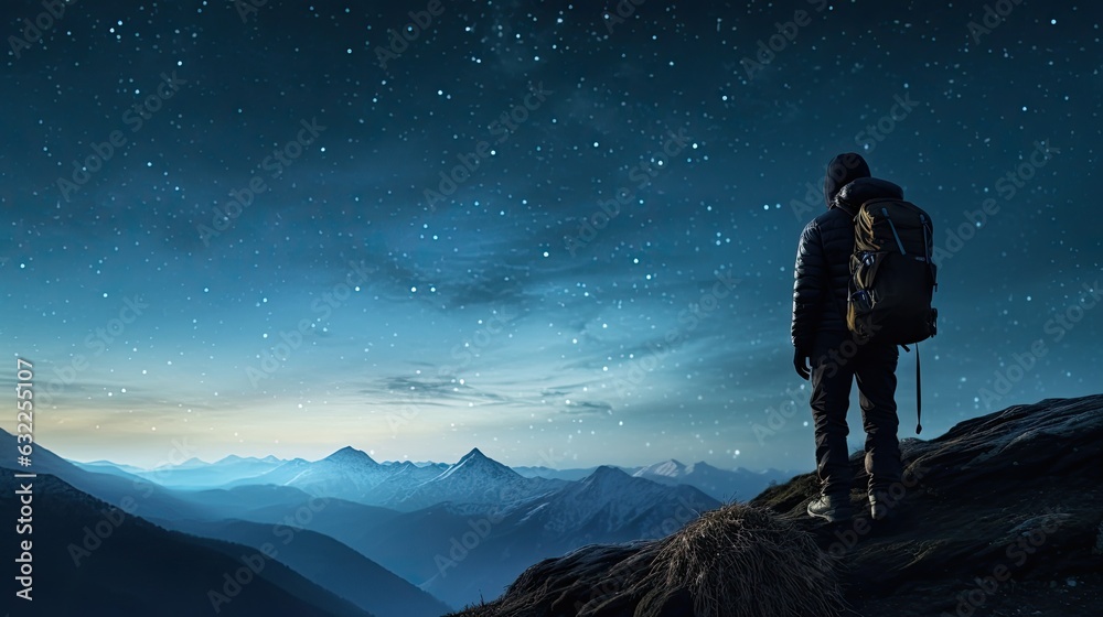 Young traveler and backpacker admired the night sky while alone on the mountain top finding joy in traveling and triumph in reaching the summit