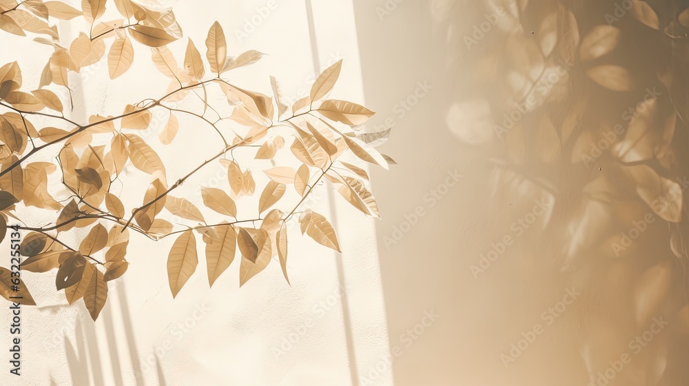Silhouetted leaves gracefully cast translucent shadows on a neutral backdrop kissed by morning sunlight