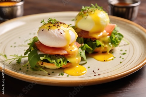 assembled eggs benedict on a plate with side salad
