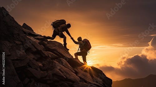 Assisting climbers on rocky mountain at sunset during a perilous situation