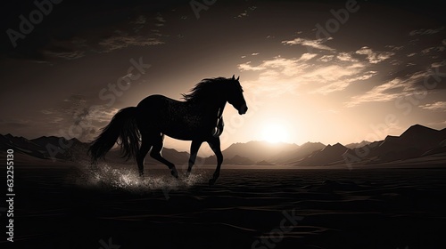 Arabian horse silhouette against sunrise in black and white