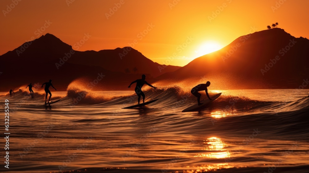 Surfers catching waves in Tenerife at sunset