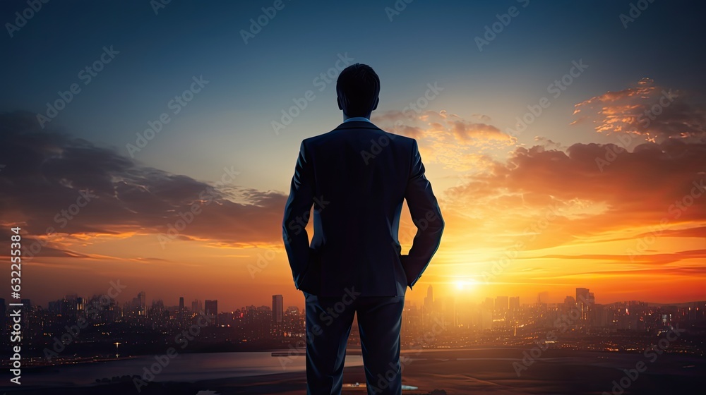 Fototapeta premium Businessman silhouette against sunset backdrop