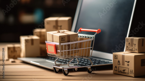 A shopping cart and boxes standing on a laptop