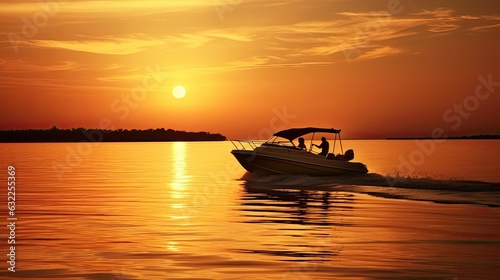Golden sunset photo with a speed boat silhouette floating on the sun reflection captured during the evening © HN Works