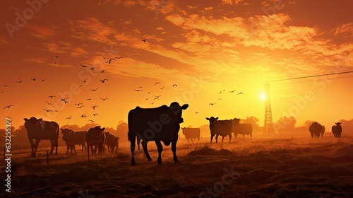 Cattle shapes at sunset on the farm field