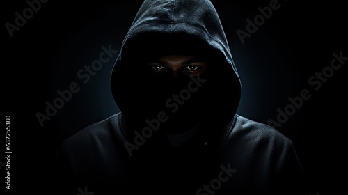 Silent figure in hood on dark backdrop concealed face symbolizing criminality mystery secrecy and anonymity