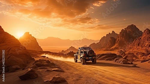 Off road vehicles driving through a dusty desert at sunset for tourists in Sharm el Sheikh resorts Egypt