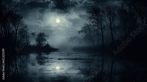 Mystical night scene with full moon reflecting on the foggy river and still water
