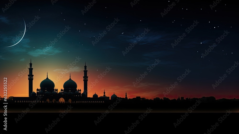 Silhouetted mosque against a dimly lit sky with Eid crescent Islamic Eid or Ramadan backdrop
