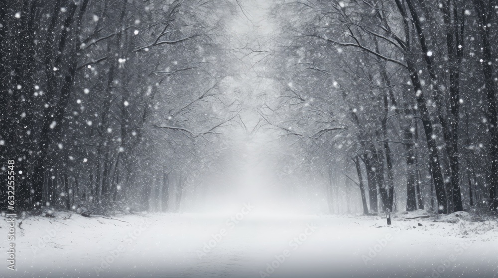 High quality photo of a snowy road view through an old forest with black tree silhouettes and a white snow background in winter High quality photo of a snowy road view through an old forest with black tree silhouettes and a white snow background in winter