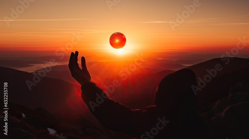 Attempting to grasp the sunset in the Beskydy Mountains Czech Republic Holding the fiery sun