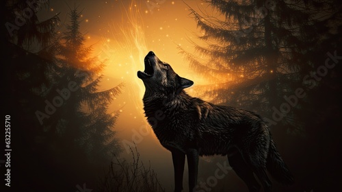 Halloween concept Wolf silhouette howling at full moon in foggy backdrop