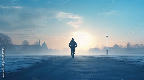 Athlete exercising on frozen track in winter city morning motivation © HN Works