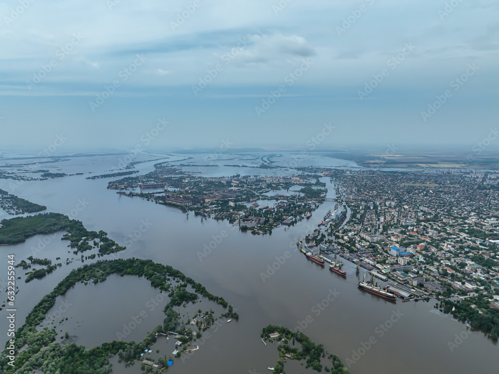 Consequences of the explosion of the Kakhovka Hydroelectric Power Plant. Flooded villages and houses, top aerial view. Exclusive drone footage. Kherson region Ukraine. Russo-Ukrainian War