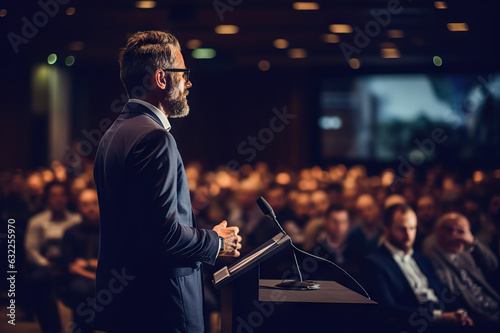 Dynamic Speaker Inspiring Corporate Business Conference with Unrecognizable Audience in Conference Hall during Entrepreneurship Event. created with Generative AI