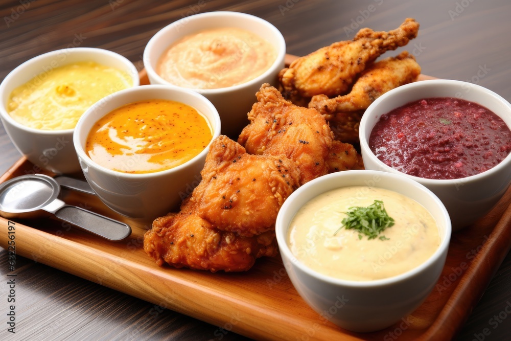 various dipping sauces accompanying fried chicken various dipping sauces accompanying fried chicken