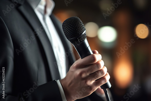 Business Man Holding Microphone, Delivering Speech in Suit for Audience Concept. Toasts, Karaoke, Talent Show, and Singing Contest. created with Generative AI