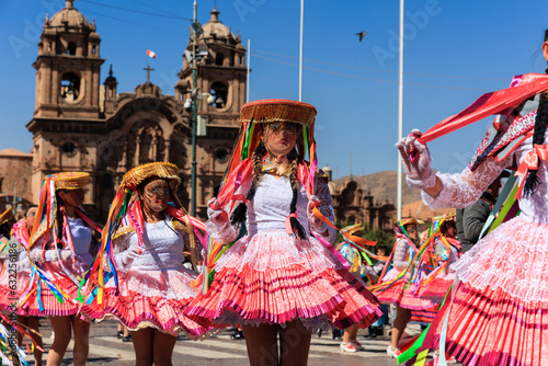 Dancers in typical costumes celebrate in honor of the Virgen del Carmen, in the square of Cusco, July 22, 2023, Peru photo