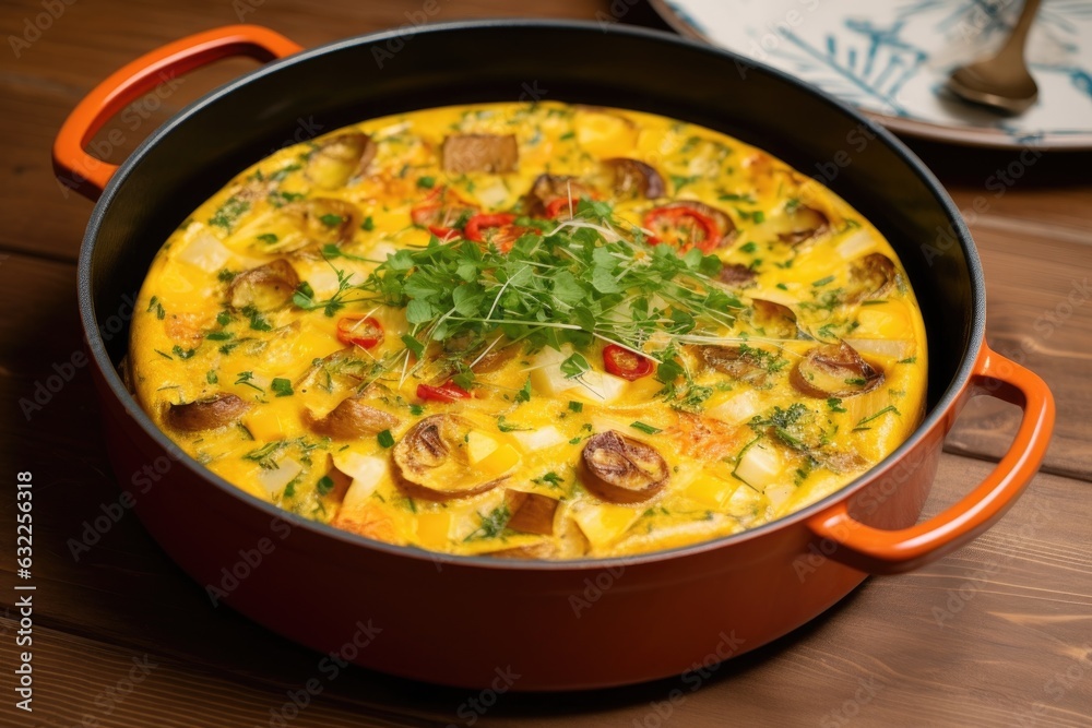 golden brown frittata in oven-safe pan, ready to bake