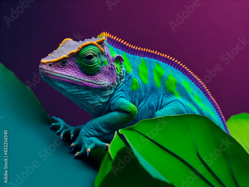 Una iguana colorida sobre un fondo violeta degradado. Vista de frente y de cerca. Copy space. IA Generativa 