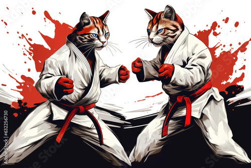 Two cute karate fighters cats in the ring