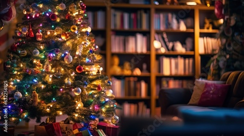 Christmas Tree with Christmas Presents. Toys, Lights Isolated in a Cozy Room. Christmas Tree with Decorations. Christmas Presents. Christmas Tree With Baubles, Blurred Shiny Lights. Merry Christmas.