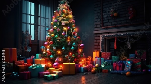 Christmas Tree with Christmas Presents. Toys, Lights Isolated in a Cozy Room. Christmas Tree with Decorations. Christmas Presents. Christmas Tree With Baubles, Blurred Shiny Lights. Merry Christmas.