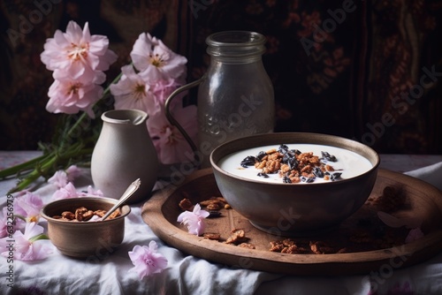 granola in a bowl with milk or yogurt