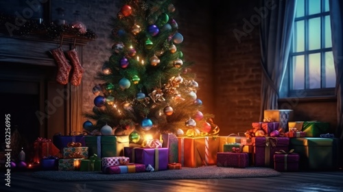 Christmas Tree with Christmas Presents. Toys, Lights Isolated in a Cozy Room. Christmas Tree with Decorations. Christmas Presents. Christmas Tree With Baubles, Blurred Shiny Lights. Merry Christmas.