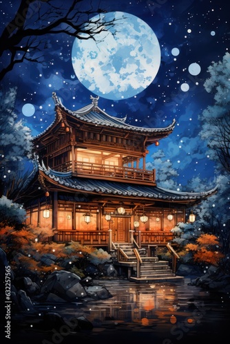 Japanese Noodle House under Starry Sky - Watercolor Painting AI Generated