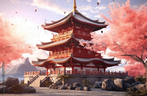 an asian pagoda that has blossoming cherry blossoms Generative AI