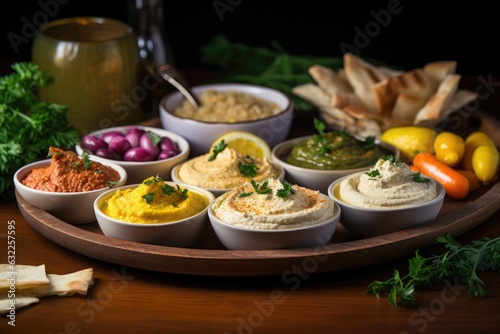 side view of hummus with various dipping options