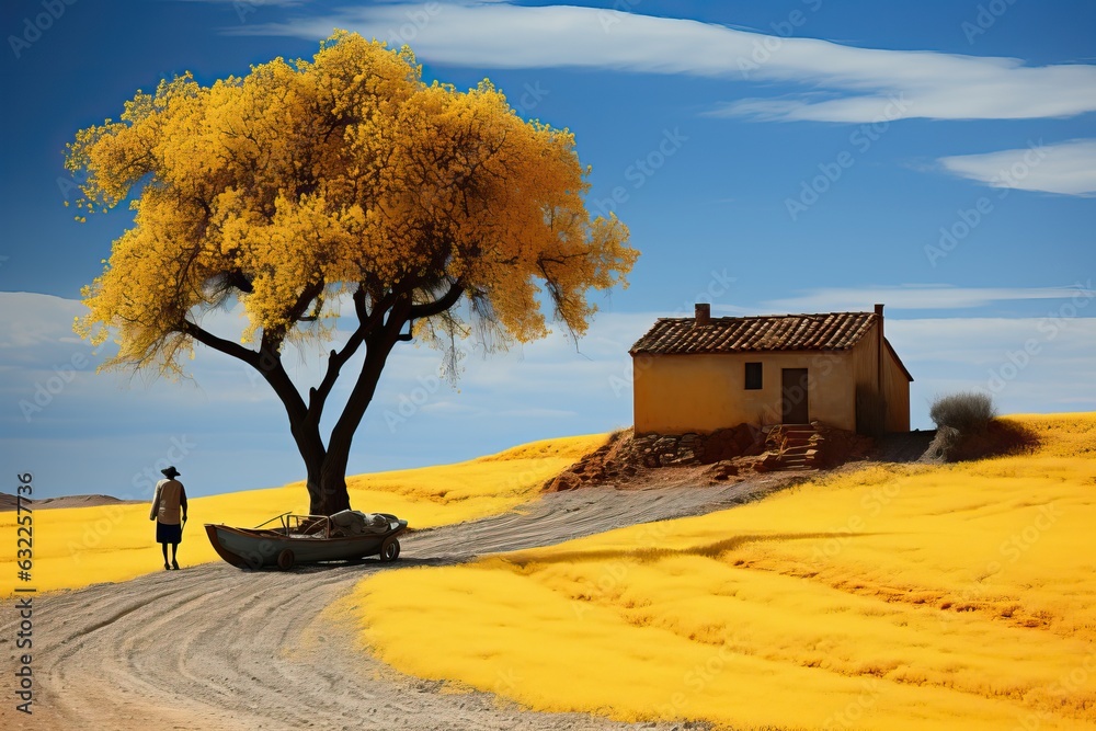 Naklejka premium une personne au milieu d'un paysage coloré avec un arbre, ia