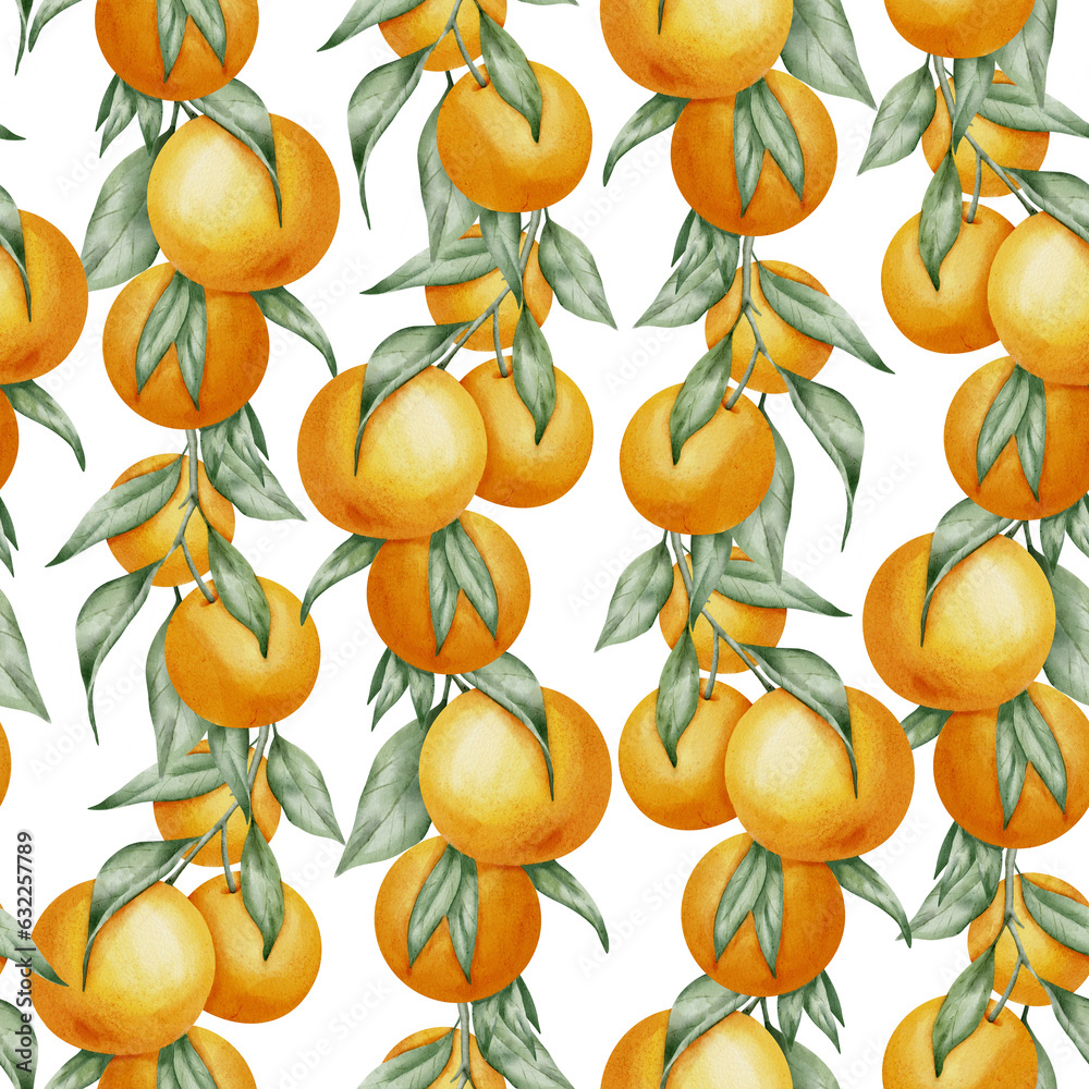 Seamless Pattern with Orange Fruit Branches, green leaves. Hand drawn watercolor illustration of citrus food for wrapping paper or textile design. Print with tangerine on white isolated background.