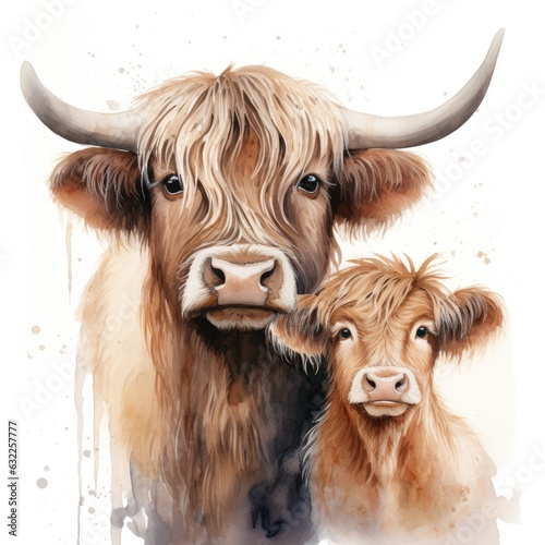 Mother and Baby Highland Cow Watercolor Clipart on White Background AI Generated