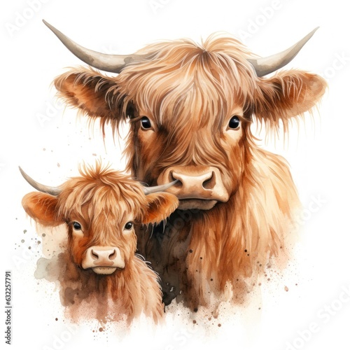 Mother and Baby Highland Cow Watercolor Clipart on White Background AI Generated