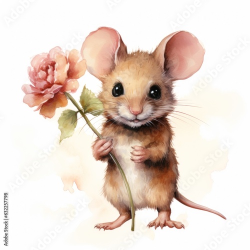 Adorable Mouse Holding a Flower - Watercolor Clipart AI Generated © AlexandraRooss