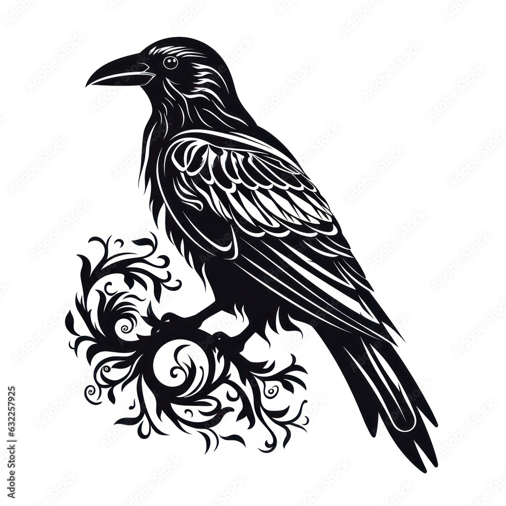 Fototapeta premium Raven Silhouette Tattoo with Viking Symbols on White Background AI Generated