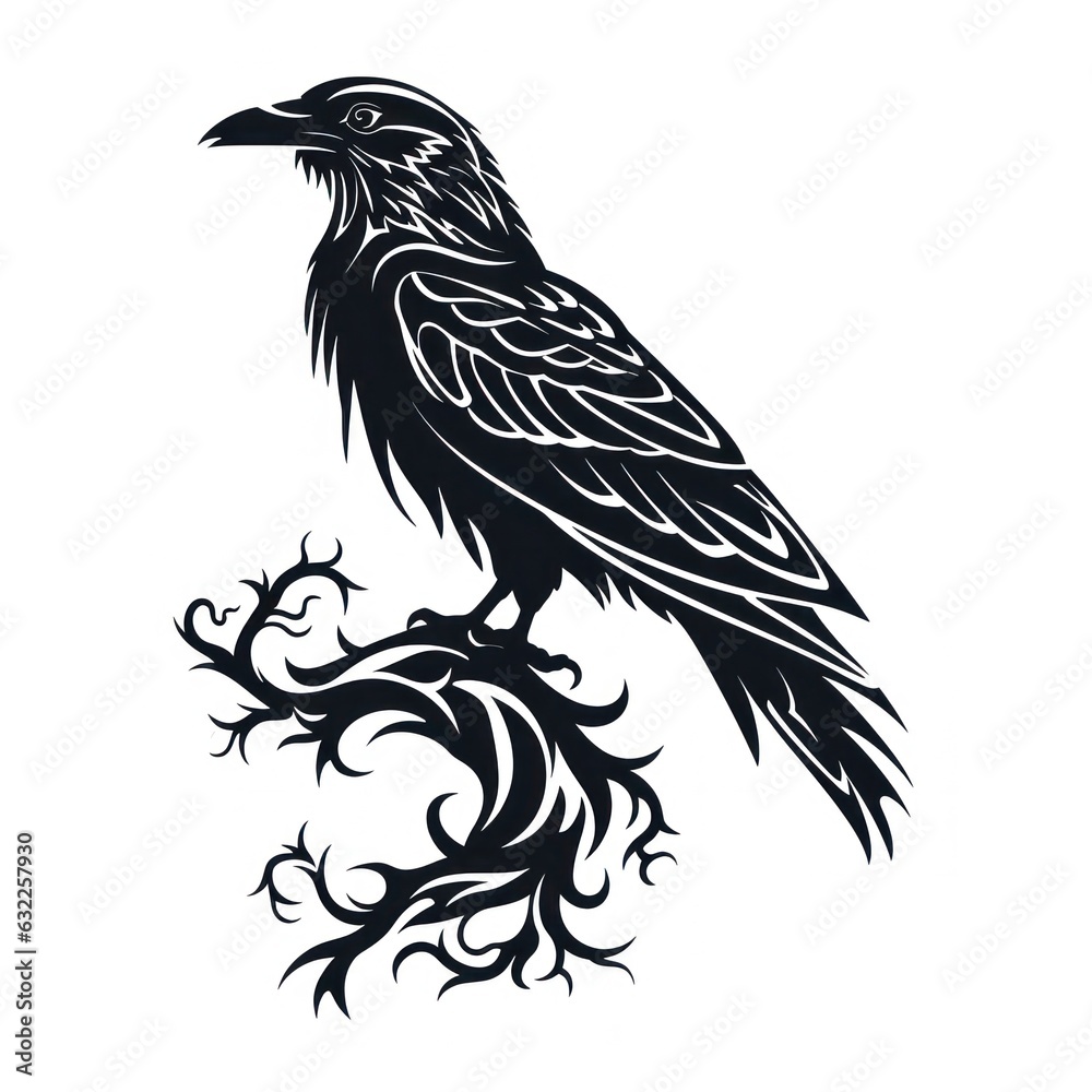 Obraz premium Raven Silhouette Tattoo with Viking Symbols on White Background AI Generated