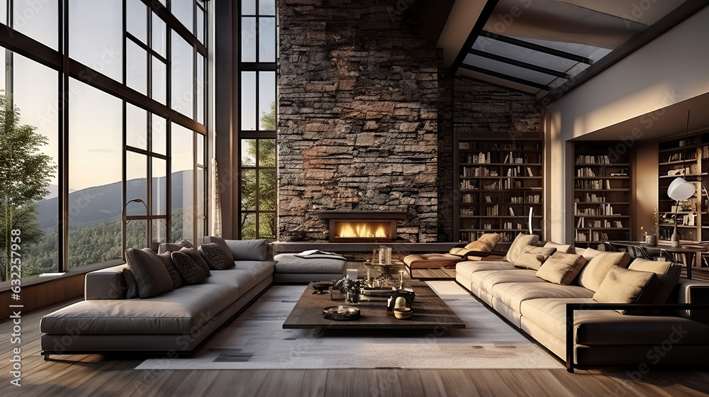 Luxurious Urban Retreat Interior of a Living Room in a Penthouse Loft with Dark Stone Walls and Gleaming Hardwood Floors. created with Generative AI