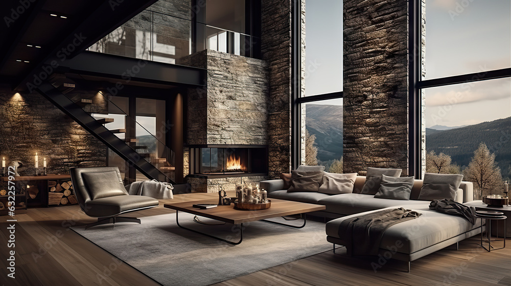 Fototapeta premium Luxurious Urban Retreat Interior of a Living Room in a Penthouse Loft with Dark Stone Walls and Gleaming Hardwood Floors. created with Generative AI