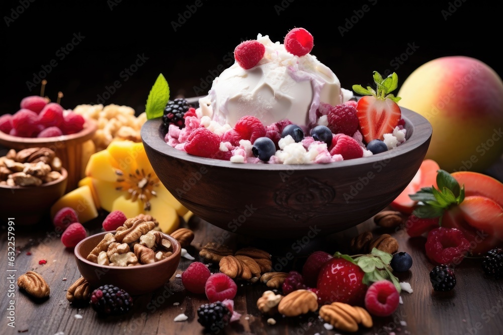 fresh fruit and nuts as ice cream ingredients
