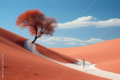 une personne au milieu d'un paysage coloré avec un arbre, ia © jp